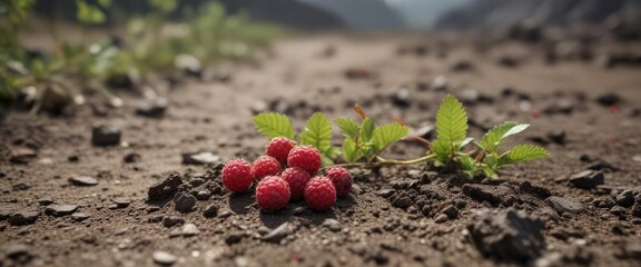 Small wild wineberries in a dry and cracked soil environment, shrub, rubus phoenicolasius