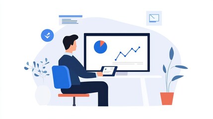 Fototapeta premium Male caucasian adult analyzing data on computer with graph and tablet in office