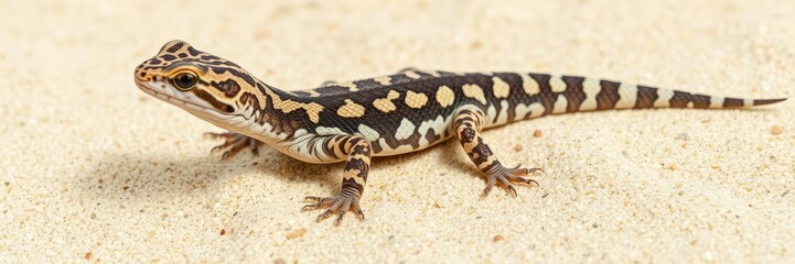 Fototapeta premium Small reptile with spotted pattern on light-colored sand, small reptiles, sandy environment
