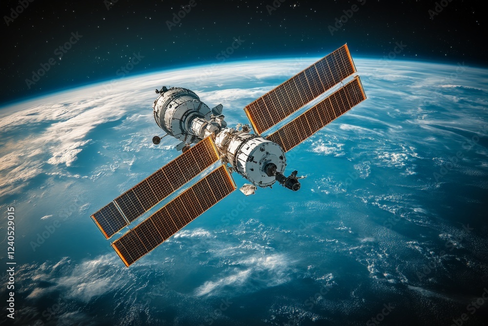 Poster satellite orbiting earth with solar panels extending in the vastness of space showcasing the beauty 