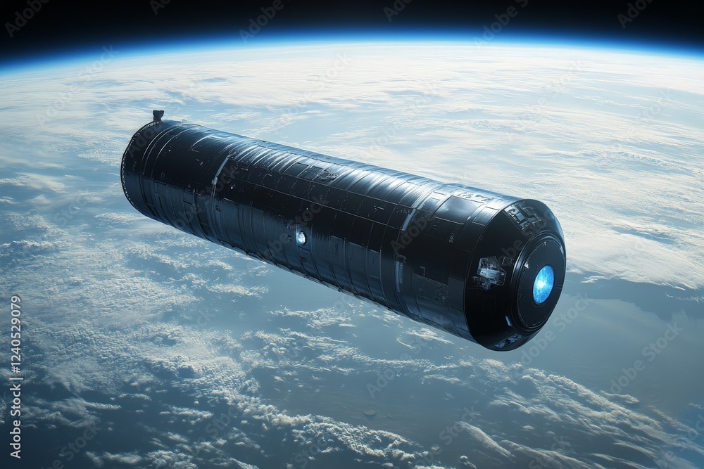 Poster advanced space habitat module floating in low earth orbit above the planet during the daytime