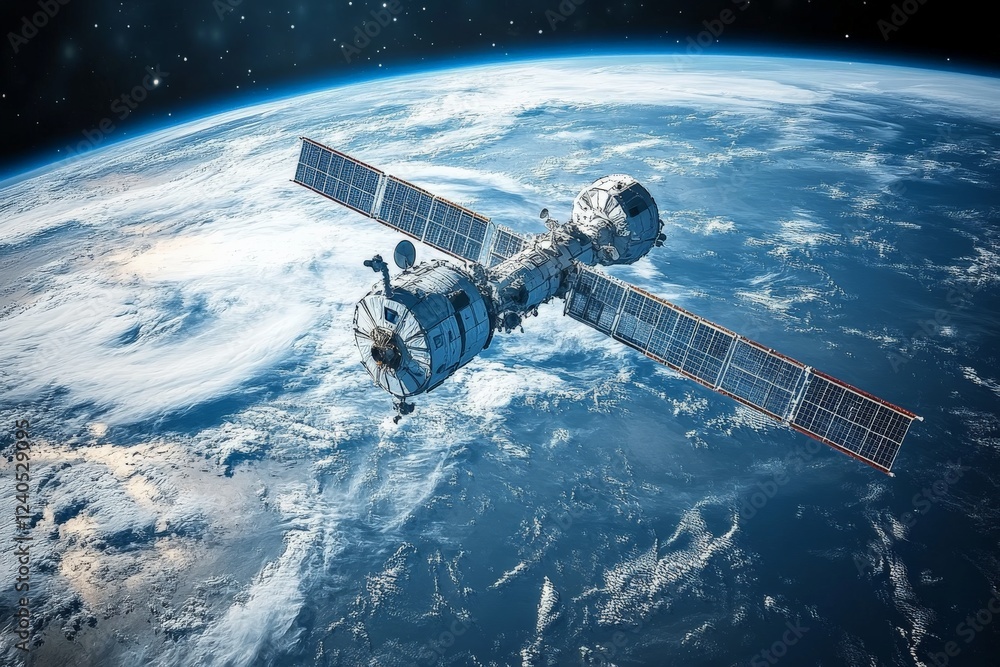 Poster satellite in orbit around earth shows a stunning view of the planet's surface and atmosphere