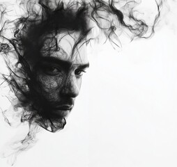 Fototapeta premium Abstract portrait of a man with smoke-like features, blending human form and ethereal elements, showcasing intricate details and emotional depth, copy space for text