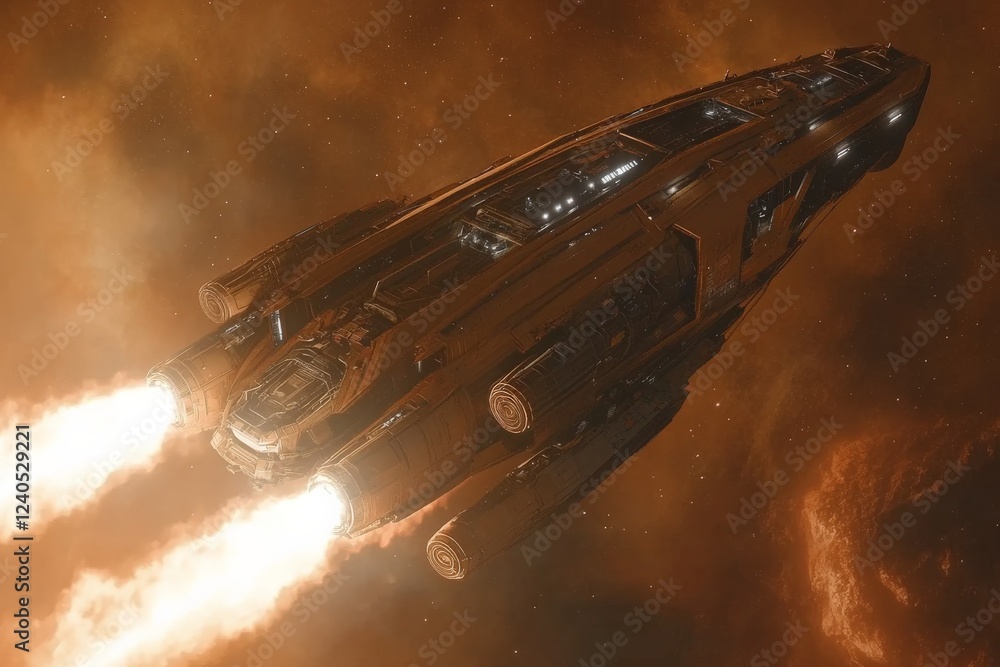 Aufkleber spacecraft gliding through nebula with vibrant engine flames in a cosmic setting