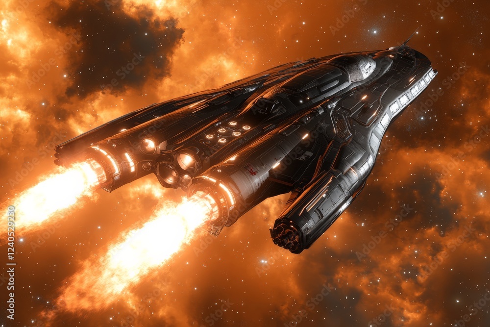 Aufkleber Spaceship navigates through fiery nebula in deep space with bright thrusters ignited