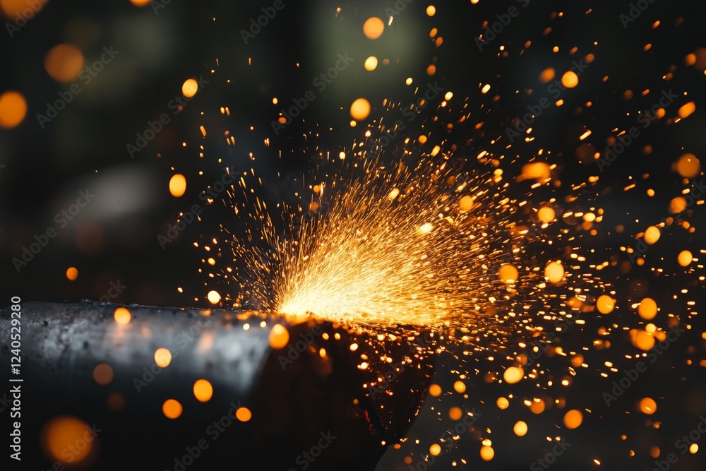 Poster Sparks fly during metalworking in a workshop at dusk creating a mesmerizing display of light and energy