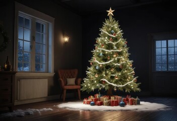 Snow-covered Christmas tree with ornaments and lights in a dark room, twinkling lights, snowy christmas tree, holiday season