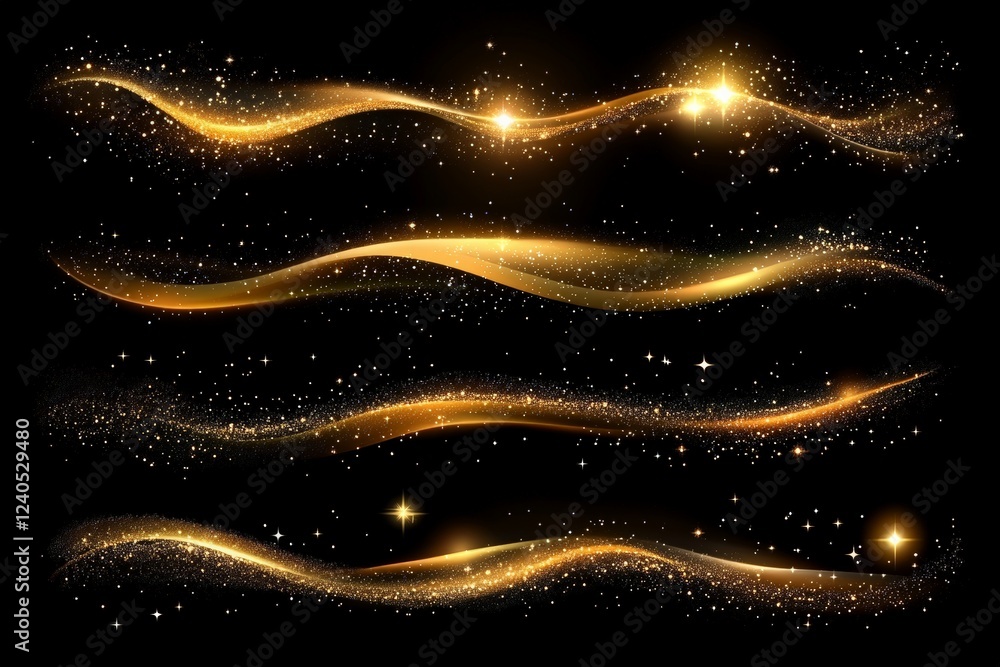 Poster Golden wave patterns with sparkling stars create an enchanting display in a dark background