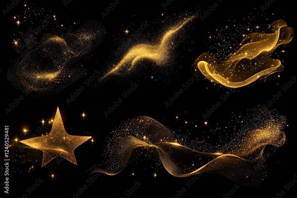Poster Golden sparkles and swirling patterns create a dazzling array of artistic effects on a black background