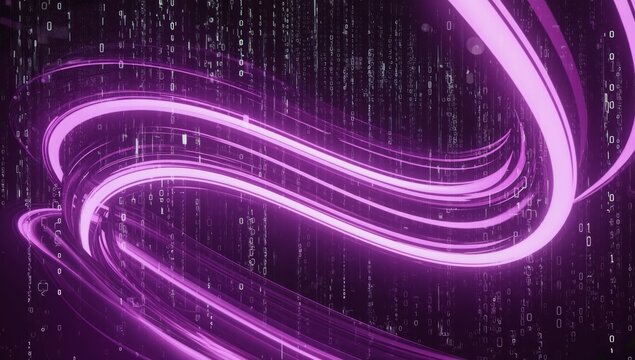 Purple light trails swirl, digital rain background; tech concept