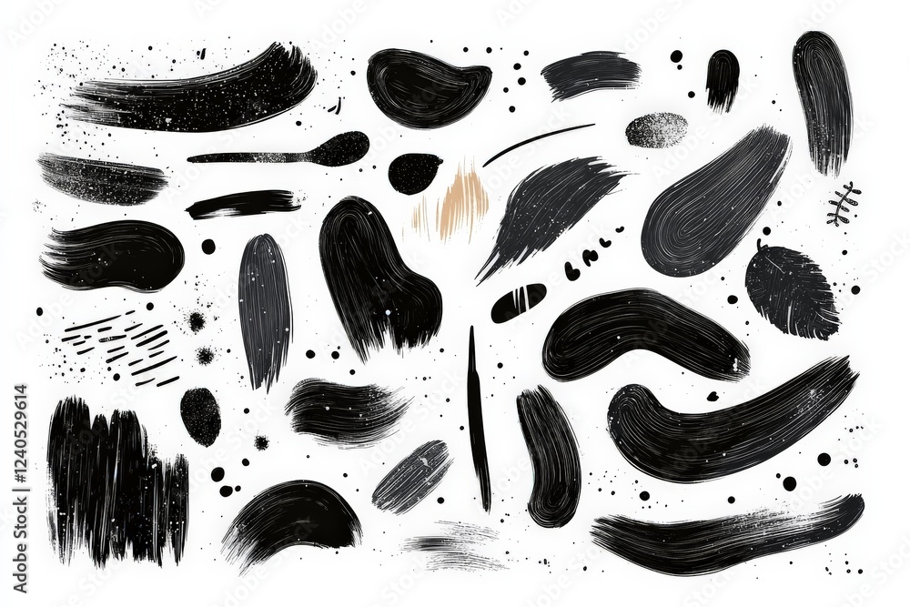 Poster Creative black brush strokes on white background showcasing various artistic textures and patterns in abstract style