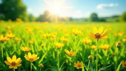 Obraz premium Sunny meadow with bright yellow flowers on lush green grass, field, bloom