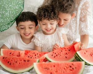 Boho Family Picnic Scene Indian Parents and Kids Enjoying Watermelon - Vibrant Summer Lifestyle Imagery for Parenting Blogs and Outdoor Activity Marketing