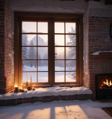 Fototapeta premium Snow-covered windows with a warm light from the fireplace, winter wonderland, forest