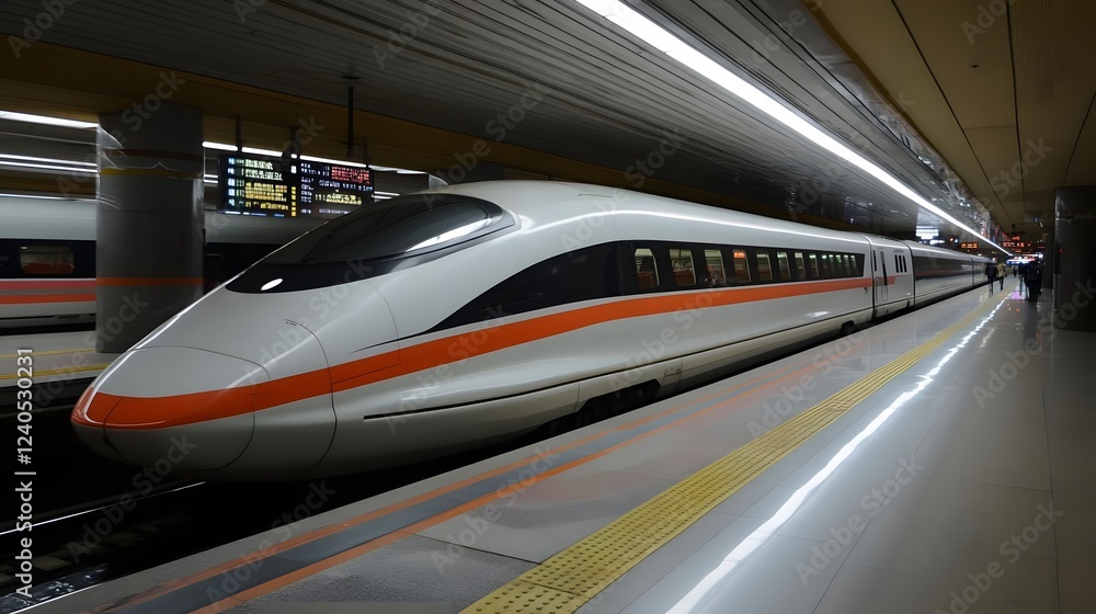 Poster high-speed train waiting at a modern station platform with digital displays and passengers in the ba