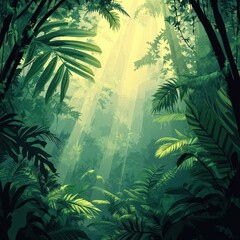 Naklejka premium Lush Tropical Rainforest Sunlight Beams Through Canopy