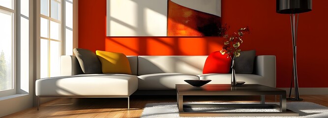 A stylish living room with a sectional sofa, modern coffee table, and artwork on the walls