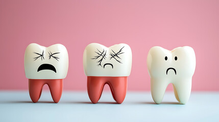 Fototapeta premium Cartoon teeth characters studio digital illustration playful environment close-up view humor concept with cracked teeth expressions