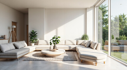 Modern living room design. Sunlit minimalist interior.  Beige sectional sofa.  Luxury home decor.