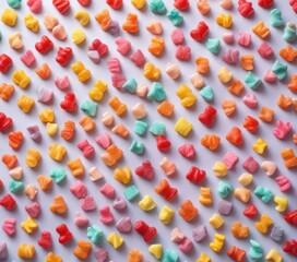 Fototapeta premium Soft pastel gradient background with scattered gummy bears in a whimsical arrangement, happy moments, whimsical scene