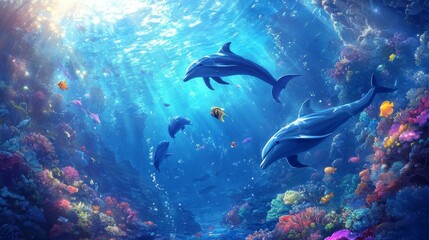 Fototapeta premium illustrations of dolphins swimming underwater in the sea