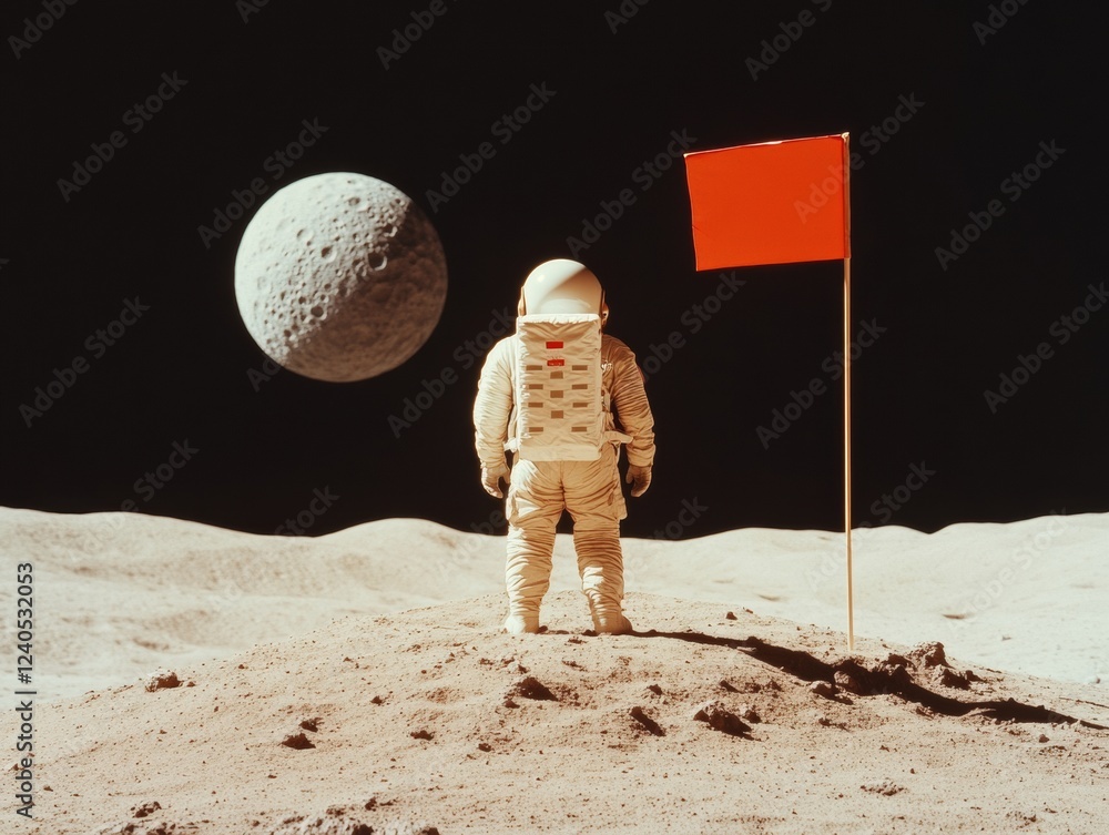Aufkleber Futuristic Lunar Exploration Astronaut in Textured Space Suit with Bold Flag on Rocky Moon Surface - Pioneering Space Program Visualization and Tech Innovation Insights