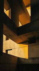 Fototapeta premium brutalist architecture concrete structure geometric forms golden light dramatic shadows modern design