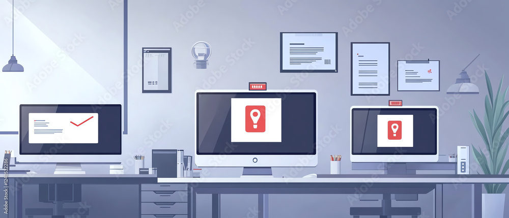 Poster modern office with alert icons on computer screens, showcasing clean and organized workspace. design