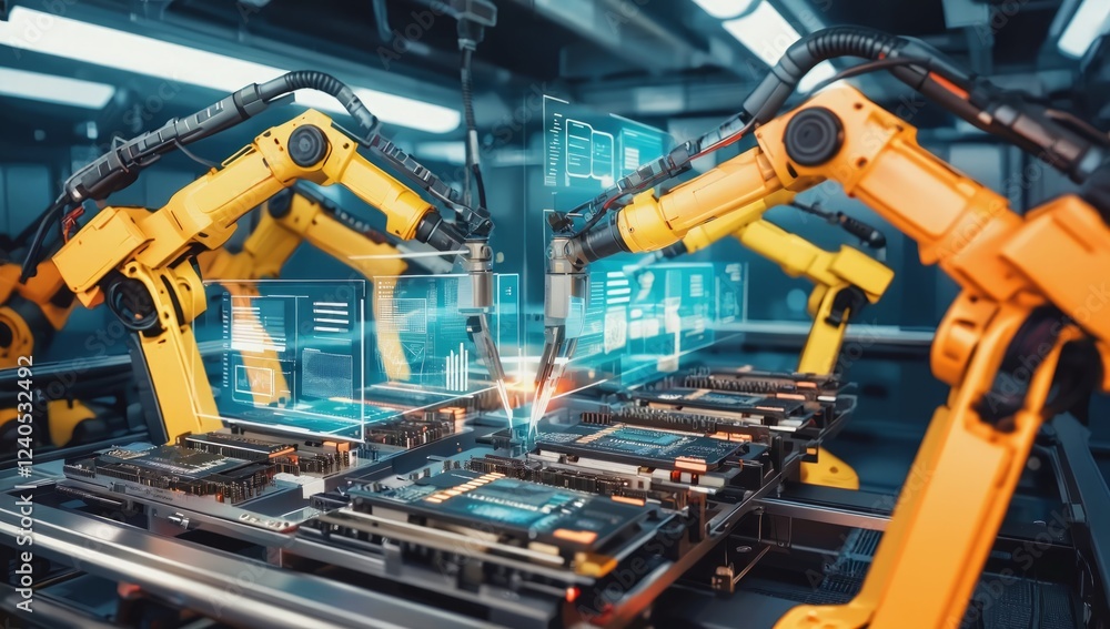 Aufkleber robotic arms assembling circuit boards in a factory