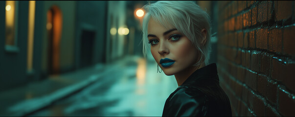 Fototapeta premium Woman with striking blue lipstick poses in an urban alley at night amidst glistening wet pavement and soft city lights