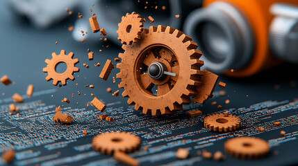 Dynamic collision of timeworn gears and old code lines abstract composition dark environment close-up perspective innovative concept