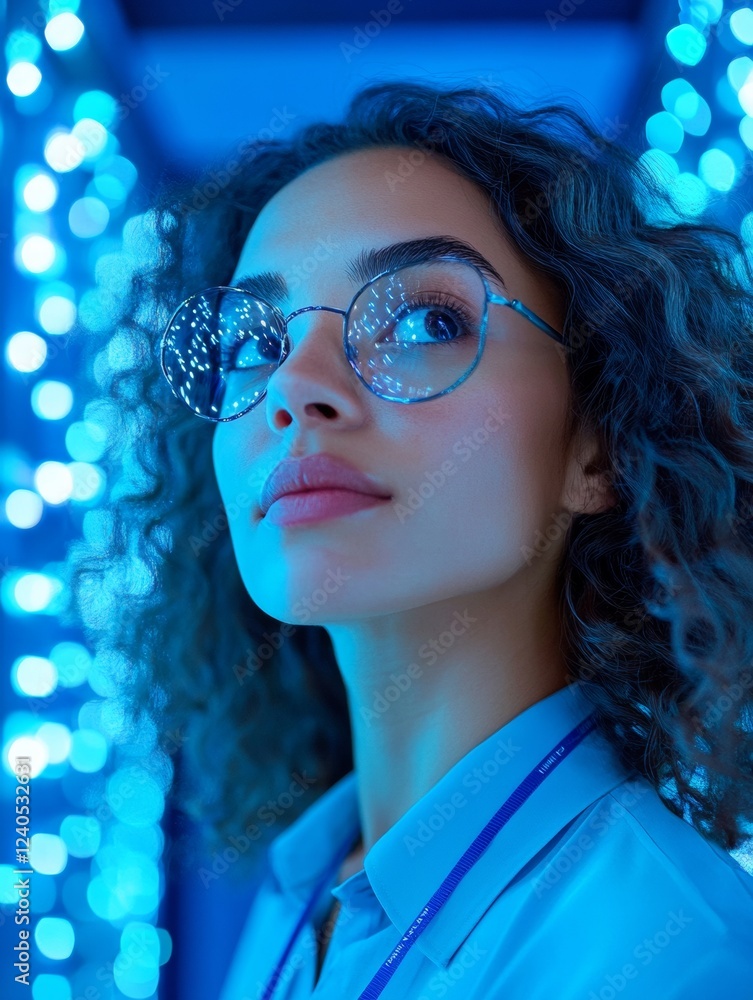 Poster futuristic cybersecurity latina it specialist with tablet in blue-glowing server room ensuring netwo
