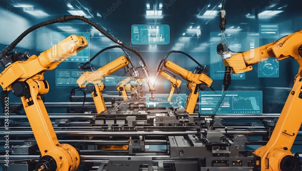 Aufkleber robotic arms welding in a factory; digital displays show data; automation and industry 4.0 concept