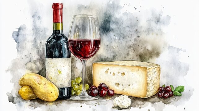 illustration of cheese mazzarella and wine in vintage style  watercolor