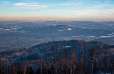 Beautiful view bellow Kozubova hill summit in Moravskoslezske Beskydy mountains in Czech republic