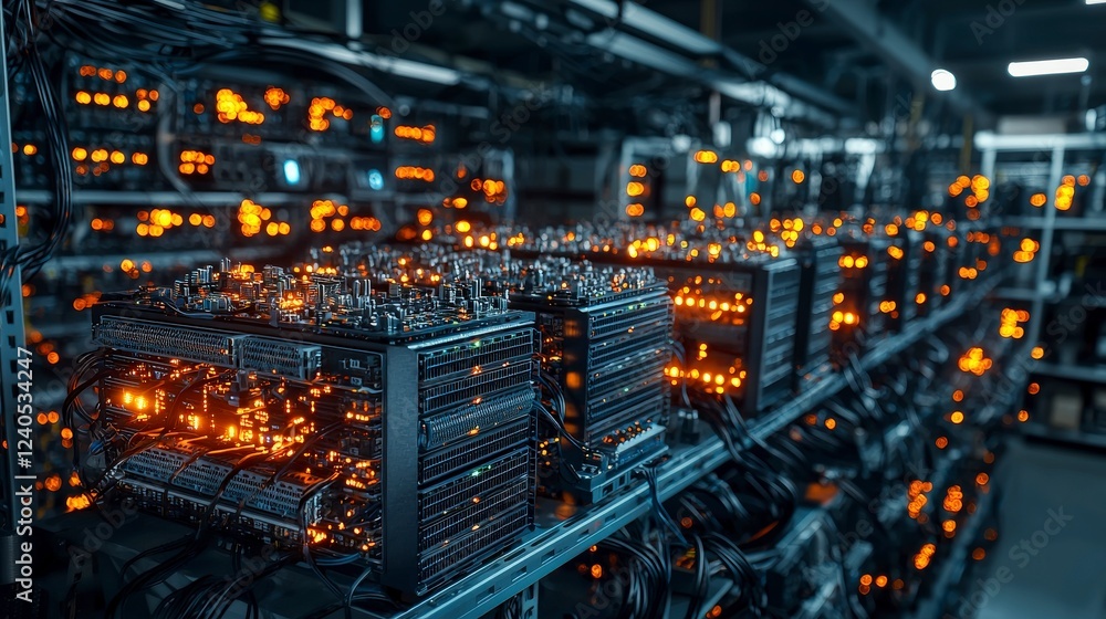 Poster Data center operations featuring glowing servers in dark environment technology insights industrial viewpoint