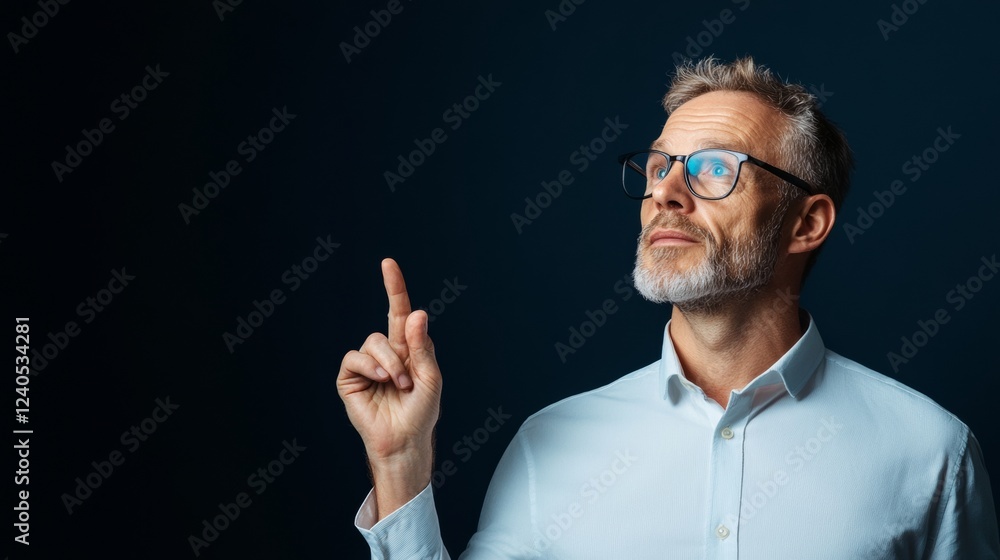 Poster modern digital engagement professional middle-aged speaker in smart glasses and crisp shirt delivers