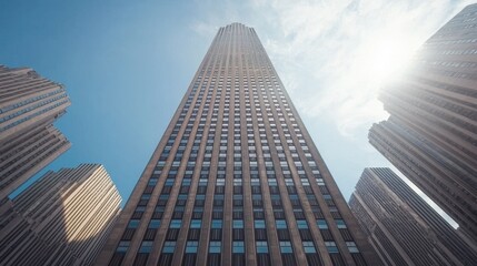 Fototapeta premium Upward view of tall skyscrapers with reflective windows reaching towards a bright, clear sky with scattered clouds