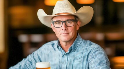 A man wearing a cowboy hat and glasses sits at a table with a beer, exuding a relaxed, Western vibe in a cozy setting.