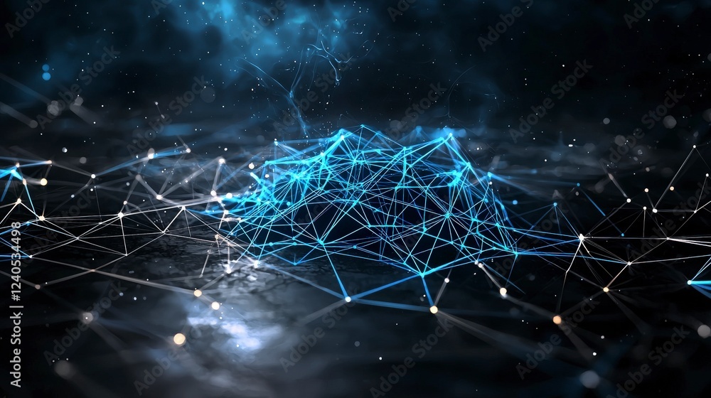 Poster Digital grid pattern with glowing neon blue lines abstract technology concept digital environment futuristic view
