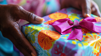 Colorful gift box with floral wrapping and pink ribbon for special occasions