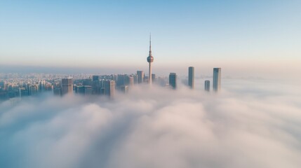 Fototapeta premium Mist-Enveloped Urban Skylines Futuristic Business Aesthetic with Diffused Light for Real Estate Marketing and Tech Innovation in Foggy Cities