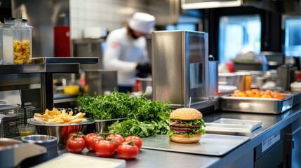 Fast food kitchen with burgers and ingredients for quick meal preparation
