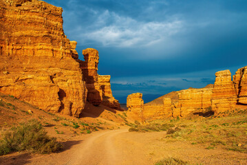 A stunning view of Charyn Canyon at sunset. Charyn National Park is located in the Almaty region of southeastern Kazakhstan