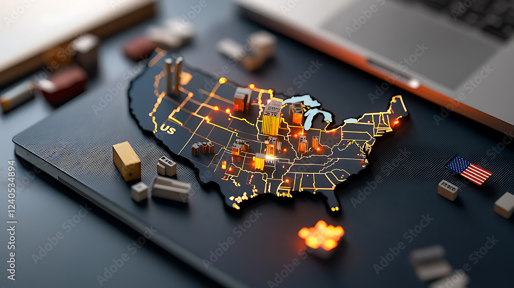 Poster illuminated economic and industrial map of the us digital visualization interactive data representat