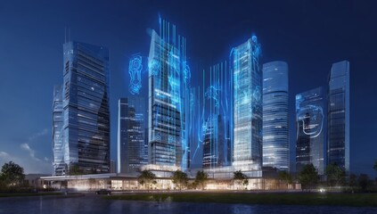 Naklejka premium Smart city digital twin, futuristic buildings, night cityscape, data visualization, urban planning