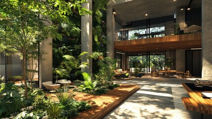 Obraz premium Tranquil Indoor Oasis: A Modern Architectural Design Featuring Lush Greenery and Serene Ambiance
