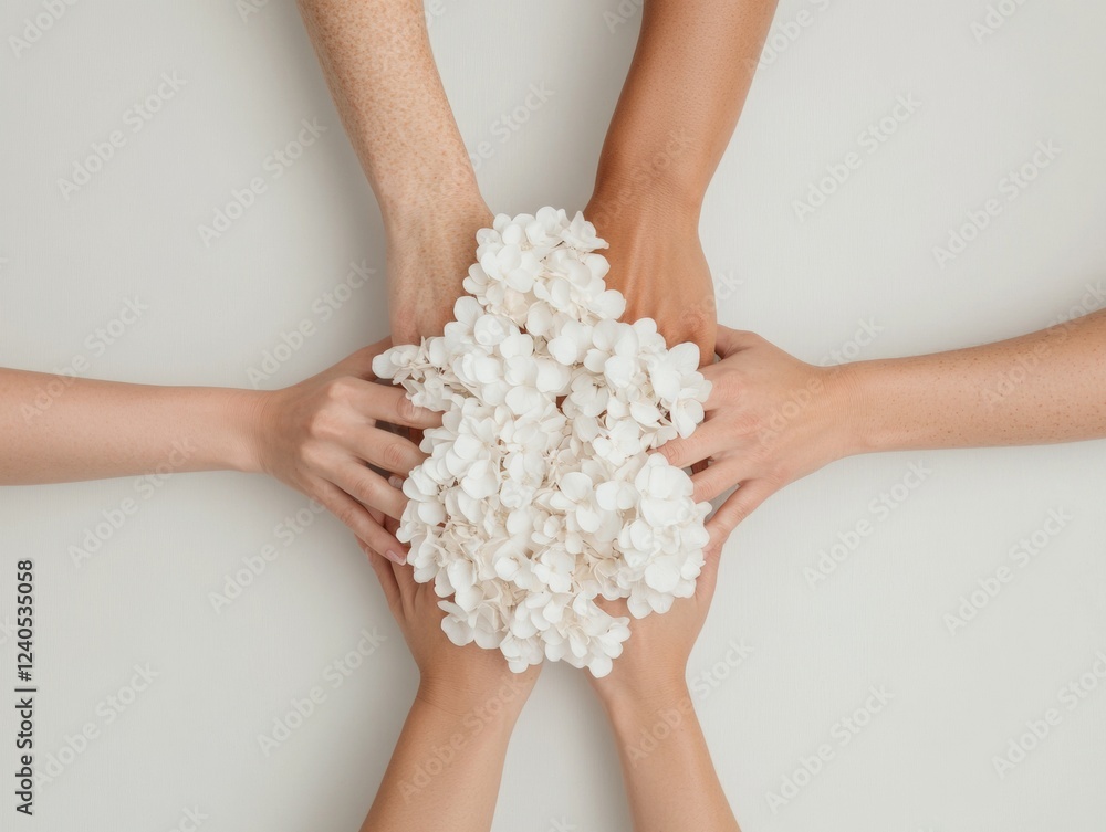 Aufkleber diverse teamwork aesthetic multi-ethnic hands with white floral touch on minimalist surface - corpor