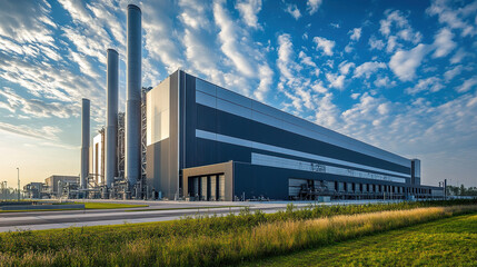 Modern industrial facility with tall smokestacks under a partly cloudy sky. The large building showcases sleek architecture and modern design.