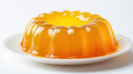 Glossy yellow jelly dessert on white plate - top side view for culinary design